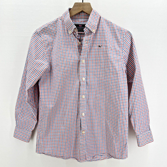 Vineyard Vines Boys Button Down Shirt M Red Blue Gingham Check Whale 100% Cotton - Picture 1 of 3